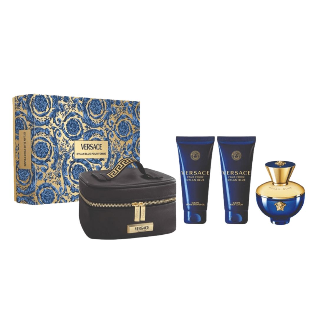Versace Dylan Blue Pour Femme 4pc Gift Set, a vibrant blue and gold box containing the 100ml amphora-shaped EDP, matching bath/shower gel, body lotion, and a beauty case, suggesting a fresh, fruity-floral aquatic scent.