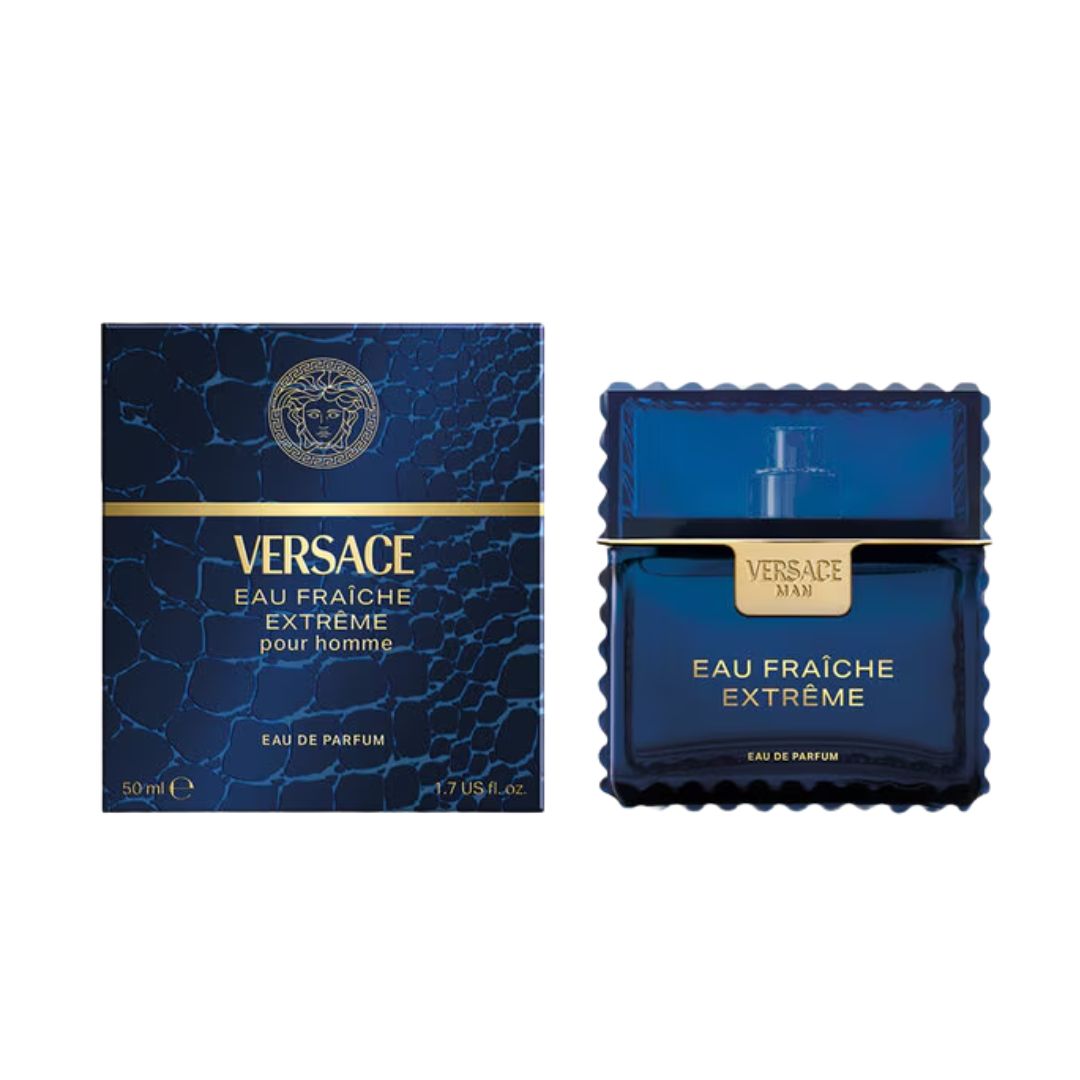 Versace Eau Fraiche Extreme 50ml EDP, a sleek blue bottle suggesting an intense, fresh, and aromatic masculine fragrance.