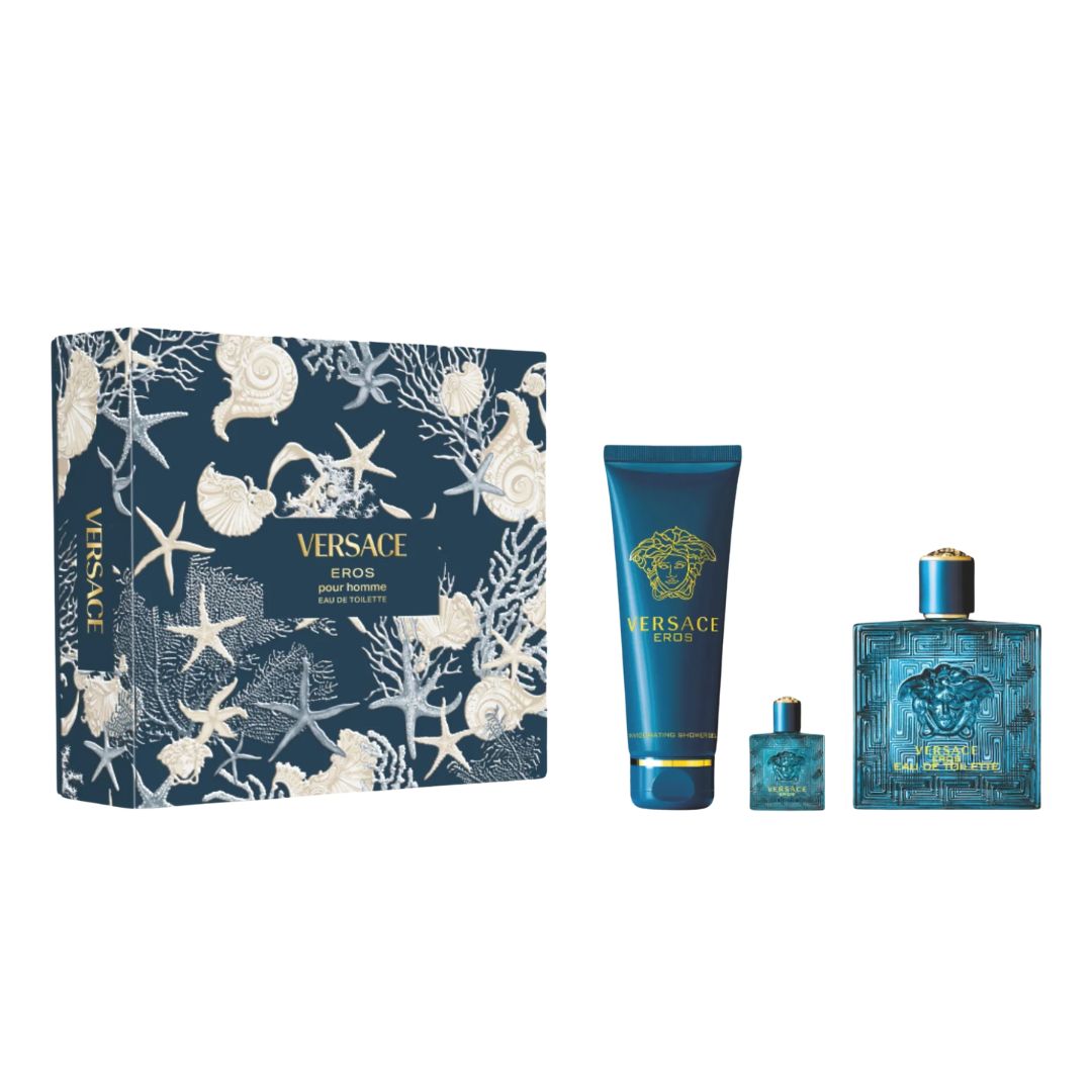 Versace Eros 100ml EDT 3 Piece Gift Set, featuring the iconic turquoise bottle, a shower gel, and a miniature in an elegant gift box.