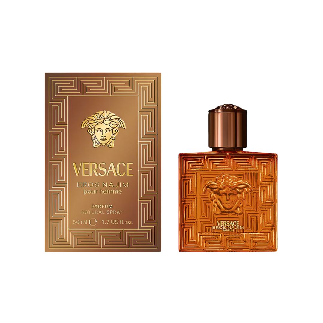 Versace Eros Najim Parfum 50ml, a striking blue and gold bottle featuring the Medusa head, suggesting an intense, warm, spicy oriental scent with oud, caramel, and incense notes.