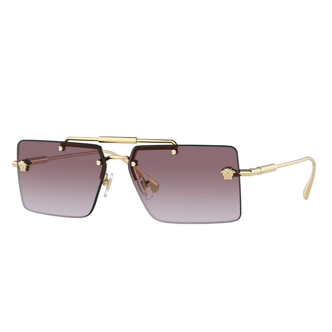 Versace VE2245 sunglasses on a clean white background. The gold metal frame is prominently featured, with a violet gradient lens that shifts from dark violet at the top to a lighter shade at the bottom. The iconic Medusa head logo is visible on the temple.
