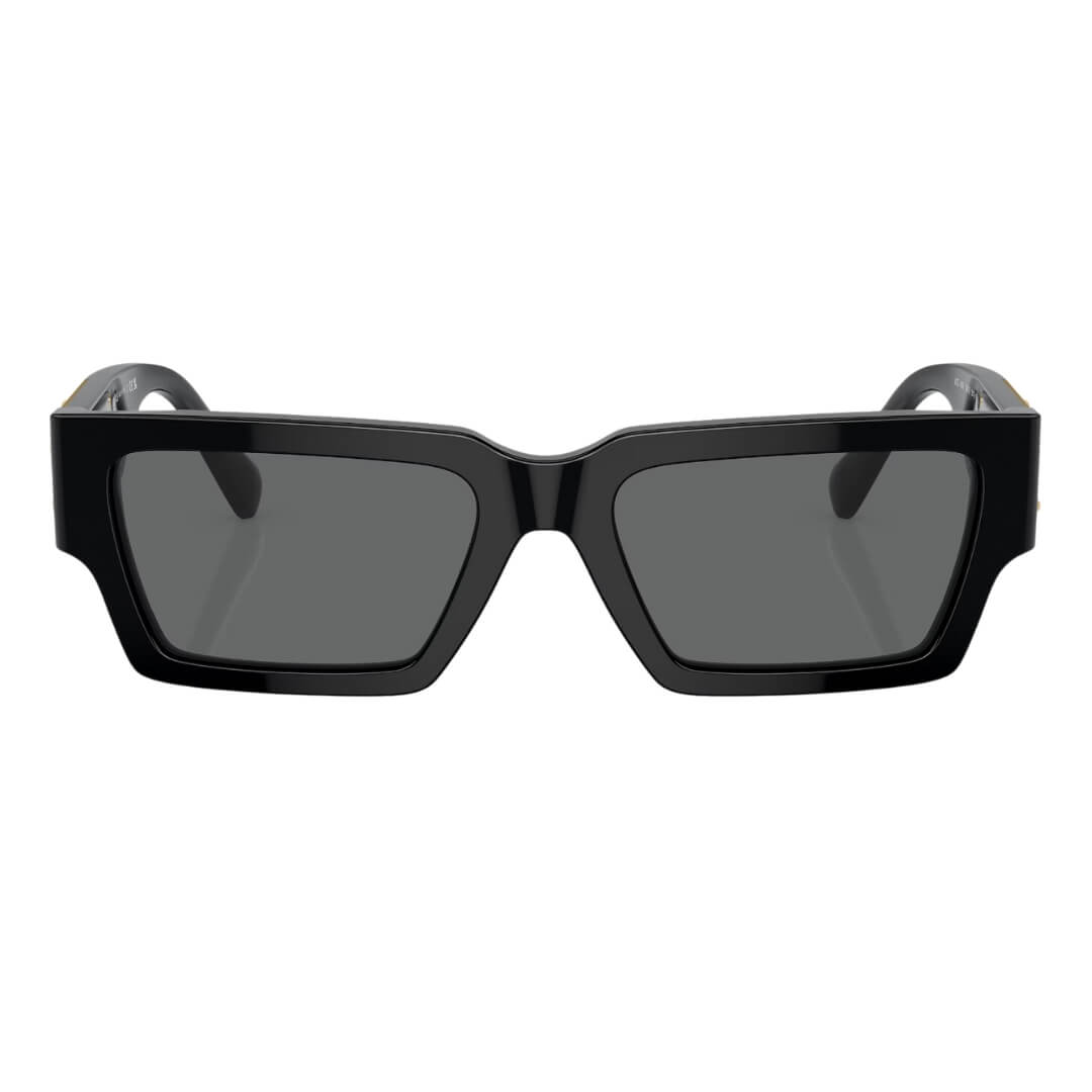 Versace VE4459 GB1/87 Sunglasses - Black Frame, Dark Grey Lens Close Up Front View
