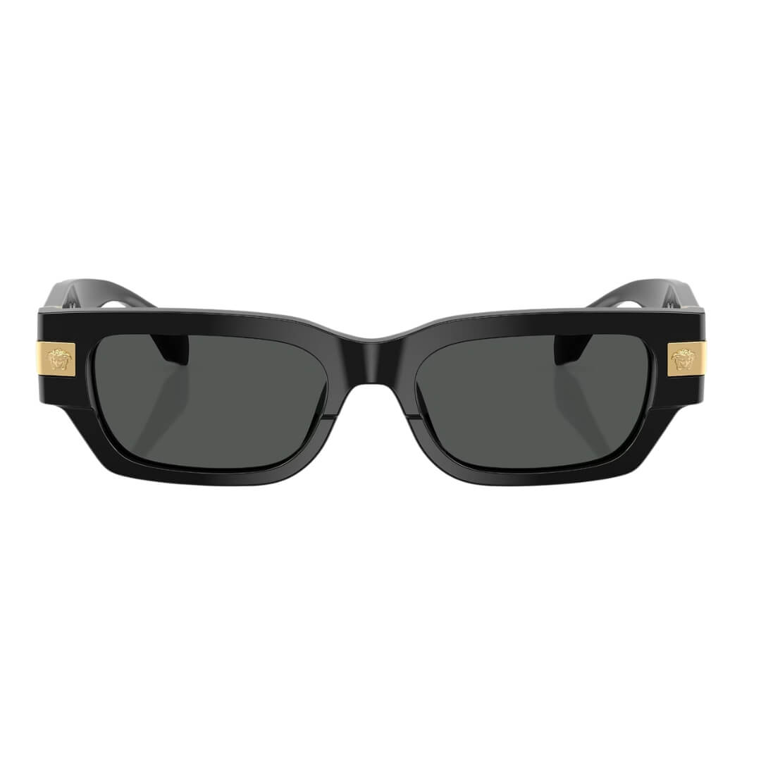 Versace VE4465 GB1/87 Sunglasses - Black Frame, Dark Grey Lens Close Up Front View