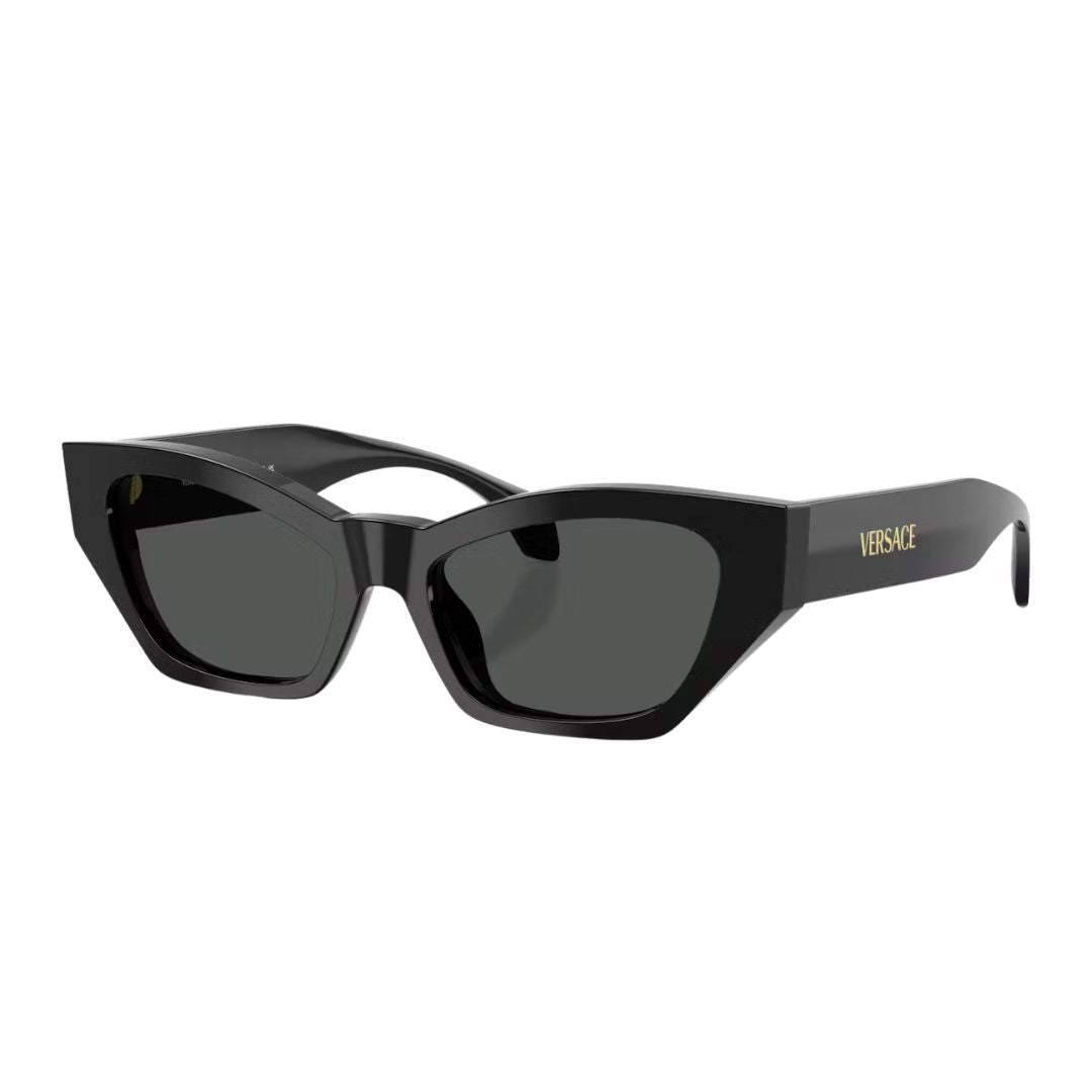 A pair of Versace VE4488U cat-eye sunglasses with a black frame and dark grey lenses on a clean background. The sleek design and temples featuring the Versace logo are clearly visible.