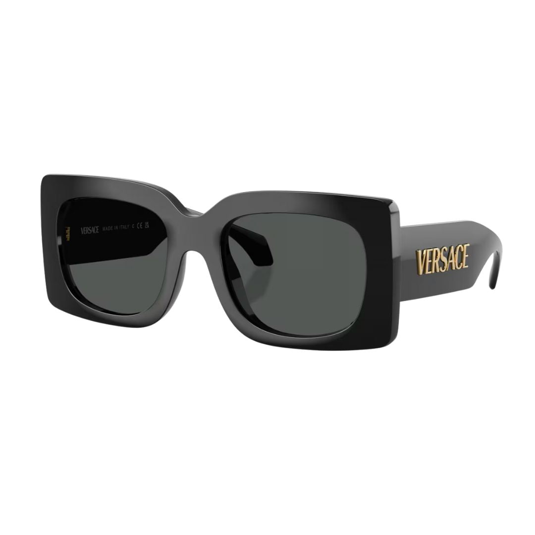 Versace VE4496U sunglasses with a distinct square black frame. The grey solid lenses are visible, along with the gold Versace Medusa emblem on the temples, set against a simple, clean background.