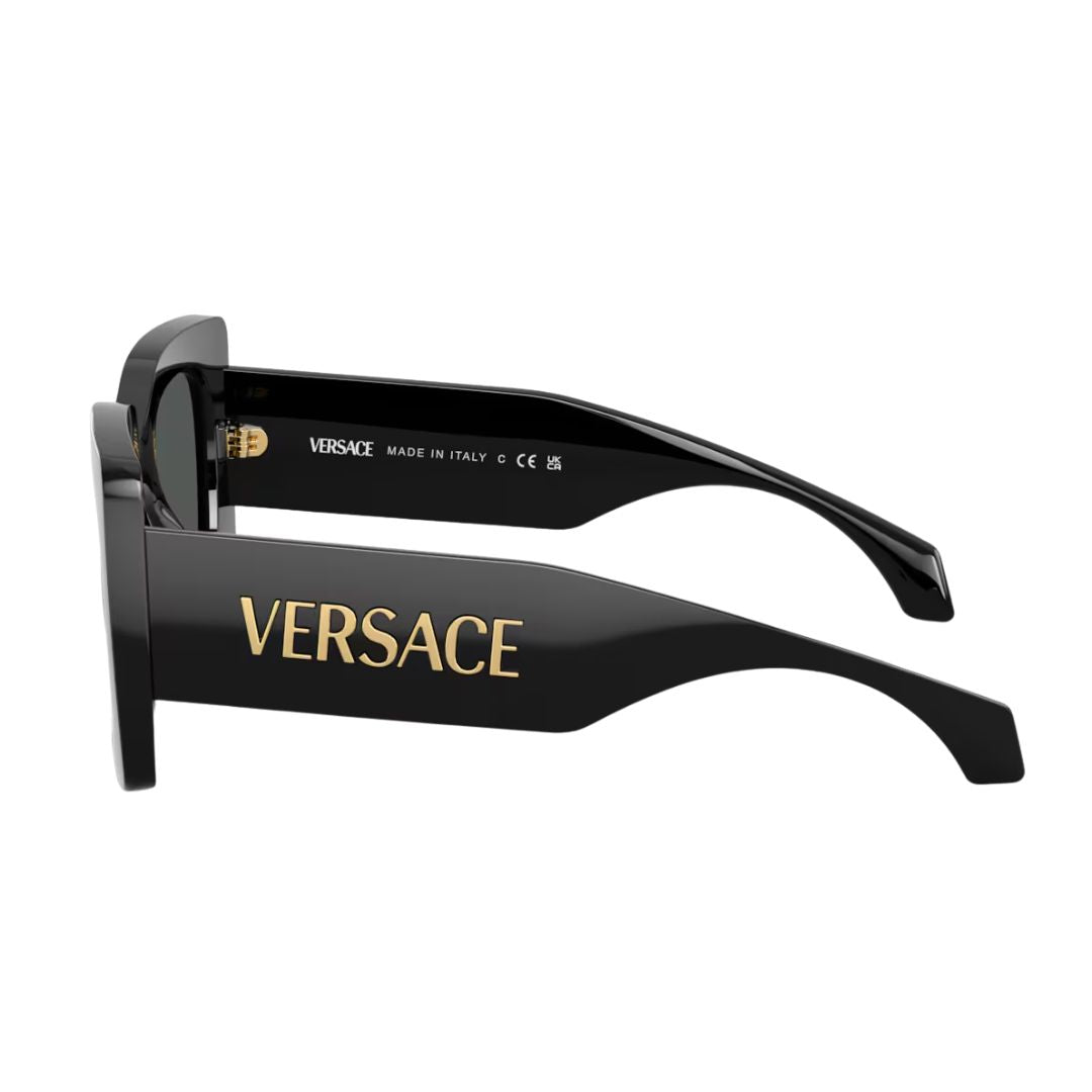 Black Versace sunglasses with gold logo on a white background