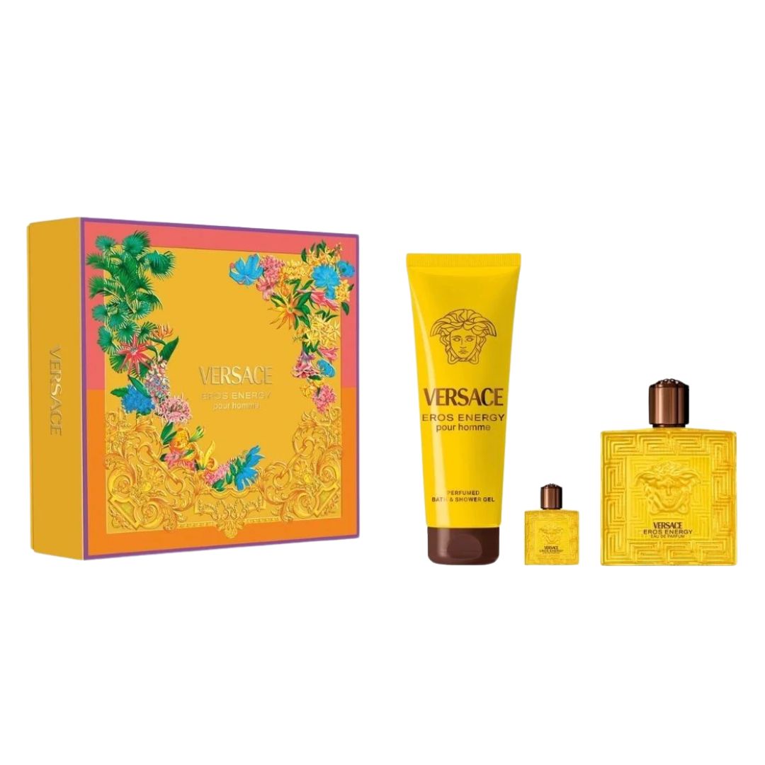 Versace Eros Energy For Her 3-piece fragrance gift set featuring a floral-patterned yellow and orange box, a yellow body wash tube, and two yellow perfume bottles of varying sizes, all on a white background.