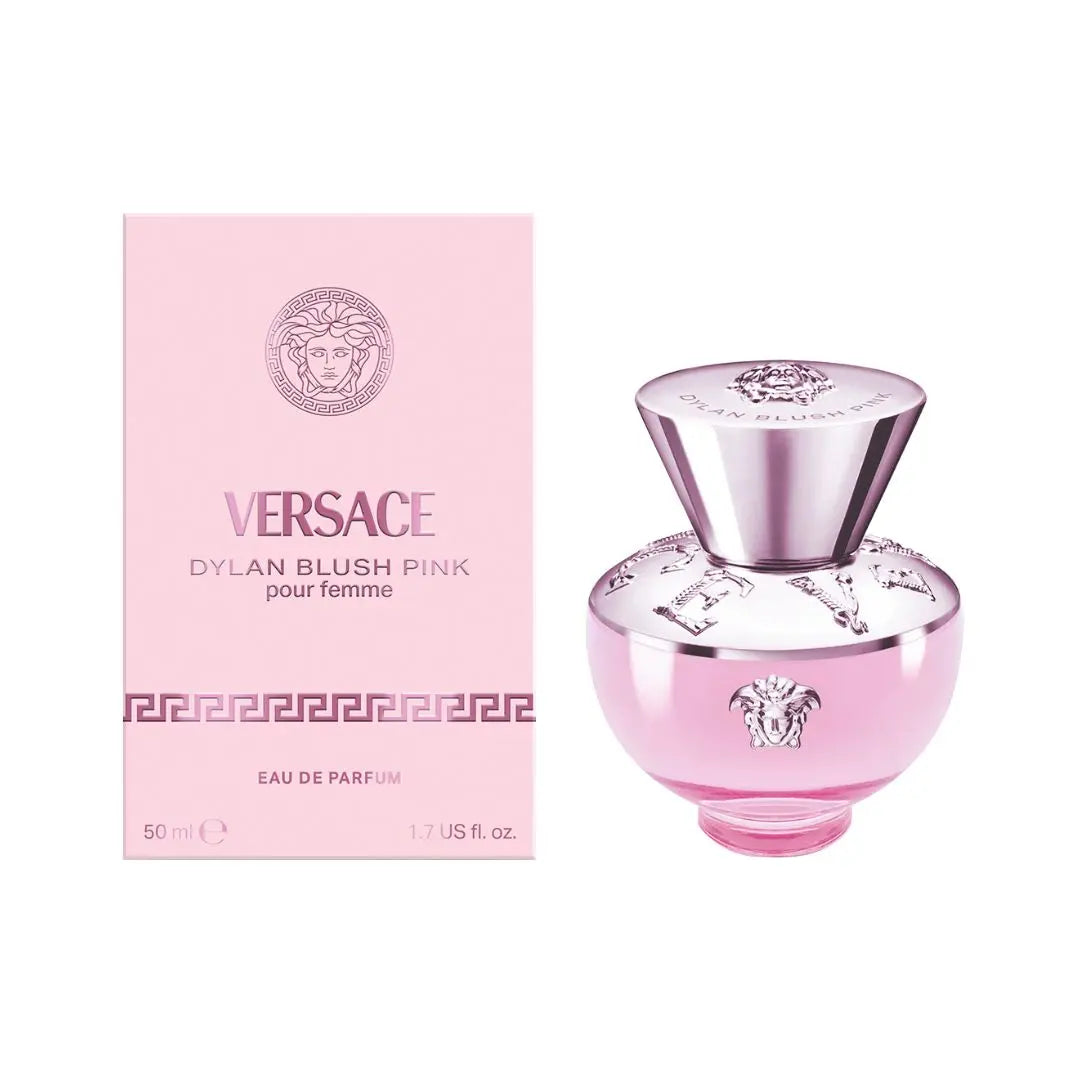 Versace Pour Femme Dylan Blush Pink EDP 50ml bottle, a frosted blush-pink amphora design with gold Medusa hardware.