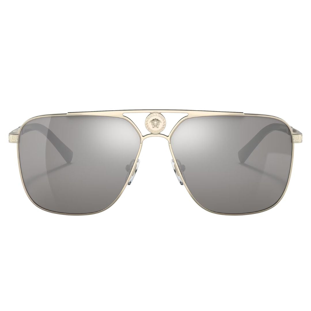 Front view of Versace VE2238 12526G featuring an oversized gold aviator frame with silver mirror lens - Gadgets Online NZ