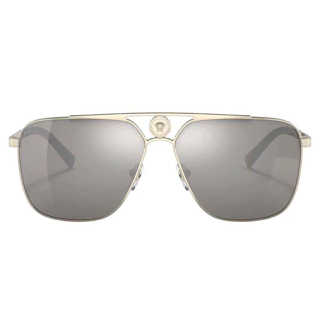 Front view of Versace VE2238 12526G featuring an oversized gold aviator frame with silver mirror lens - Gadgets Online NZ