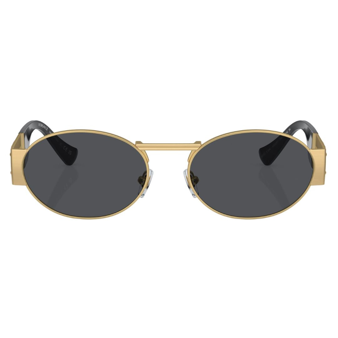 Front view of Versace VE2264 100287 featuring a narrow oval gold metal frame and solid grey lenses - Gadgets Online NZ