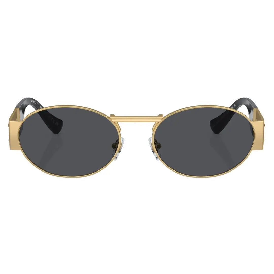 Front view of Versace VE2264 100287 featuring a narrow oval gold metal frame and solid grey lenses - Gadgets Online NZ