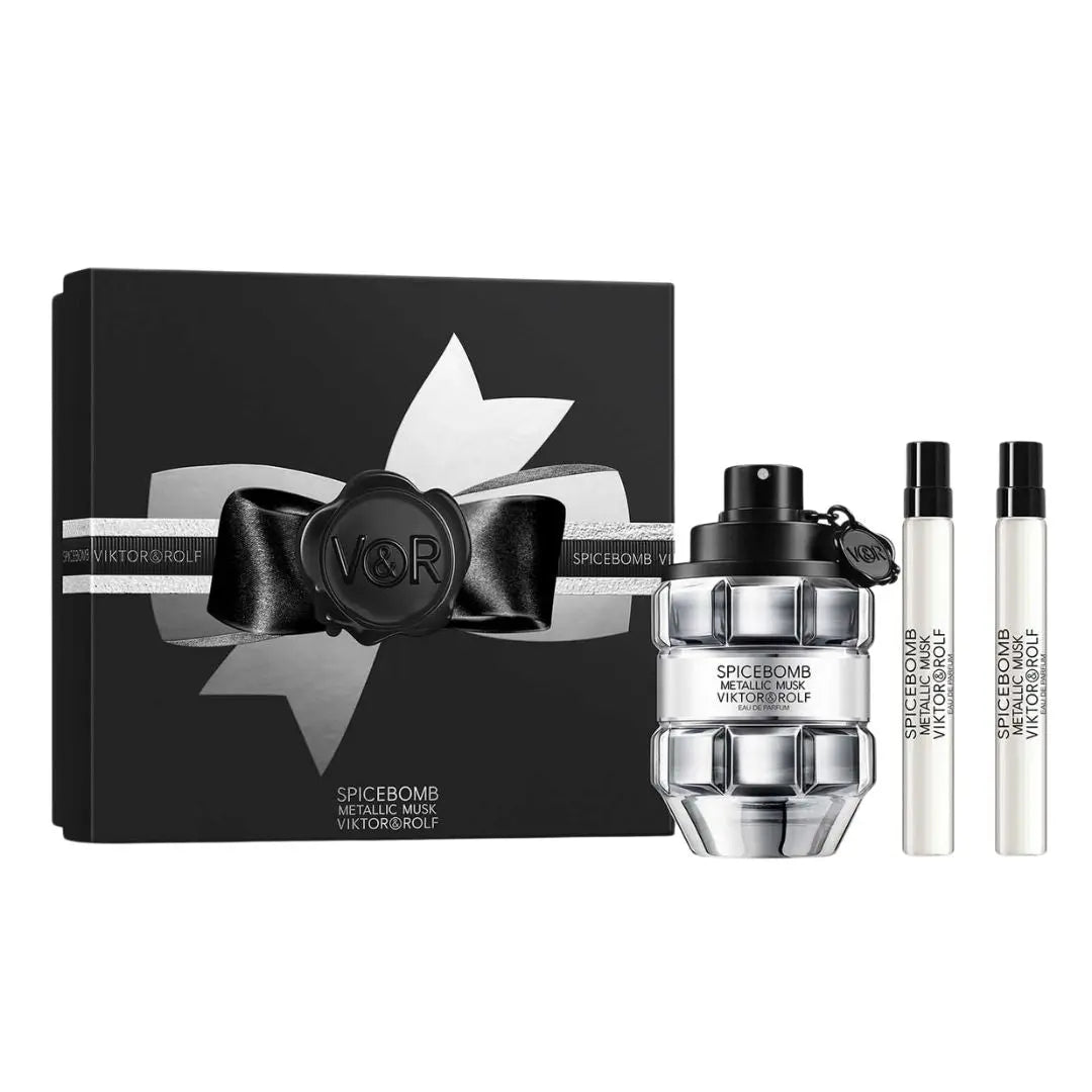 Viktor & Rolf Spicebomb Metallic Musk EDP 90ml perfume set with black box and silver bottle on a white background