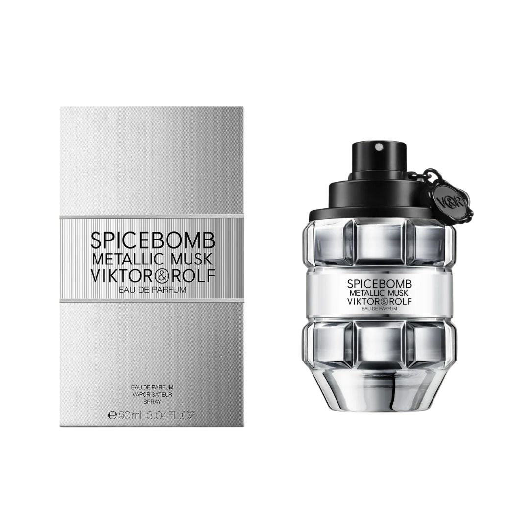 Viktor & Rolf Spicebomb Metallic Musk 90ml EDP, a hand grenade-shaped bottle in a metallic finish, suggesting an intense, spicy, and woody masculine fragrance.