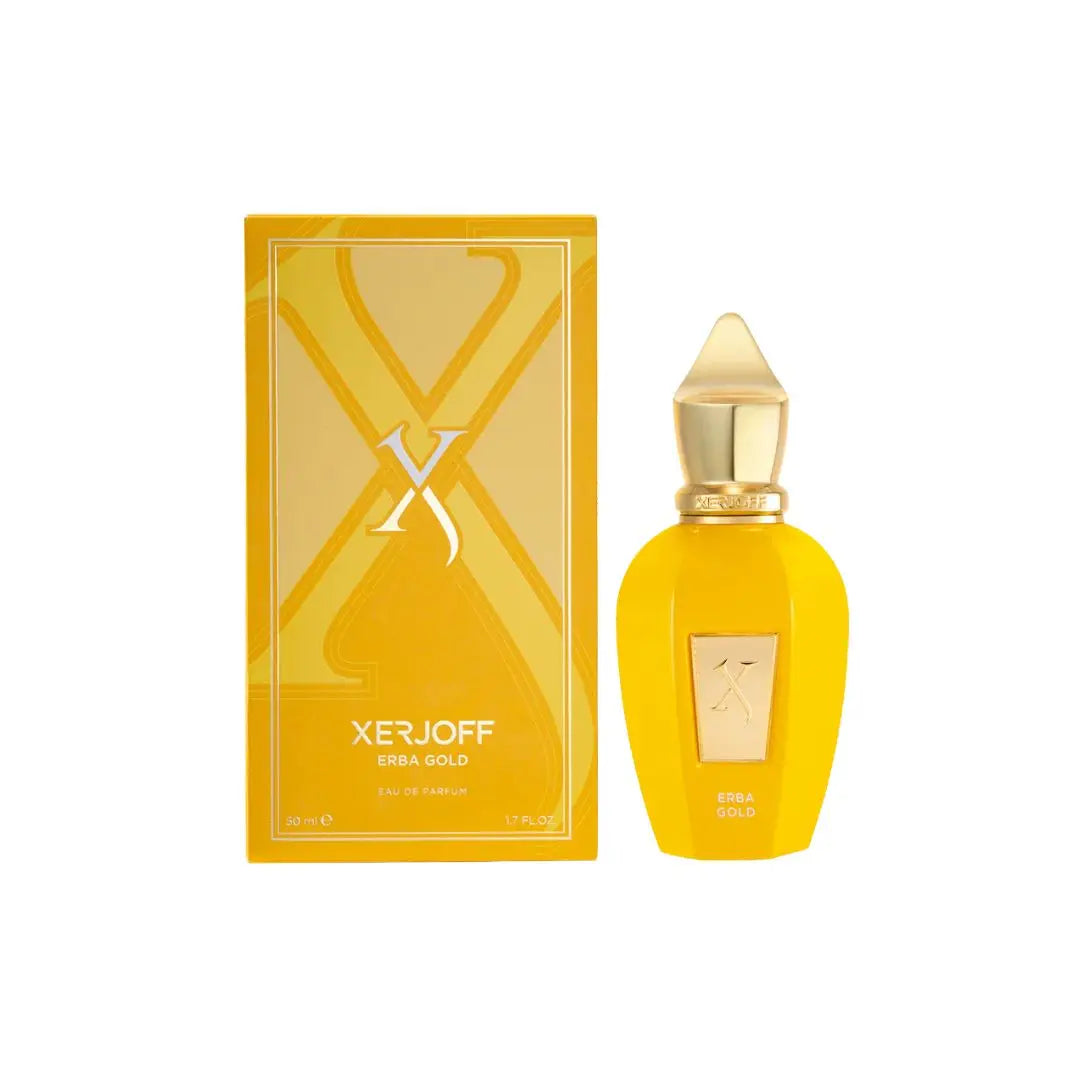 Xerjoff Erba Gold 50ml EDP, a luxurious gold velvet bottle, suggesting a rich, fruity, spicy, and long-lasting unisex fragrance.