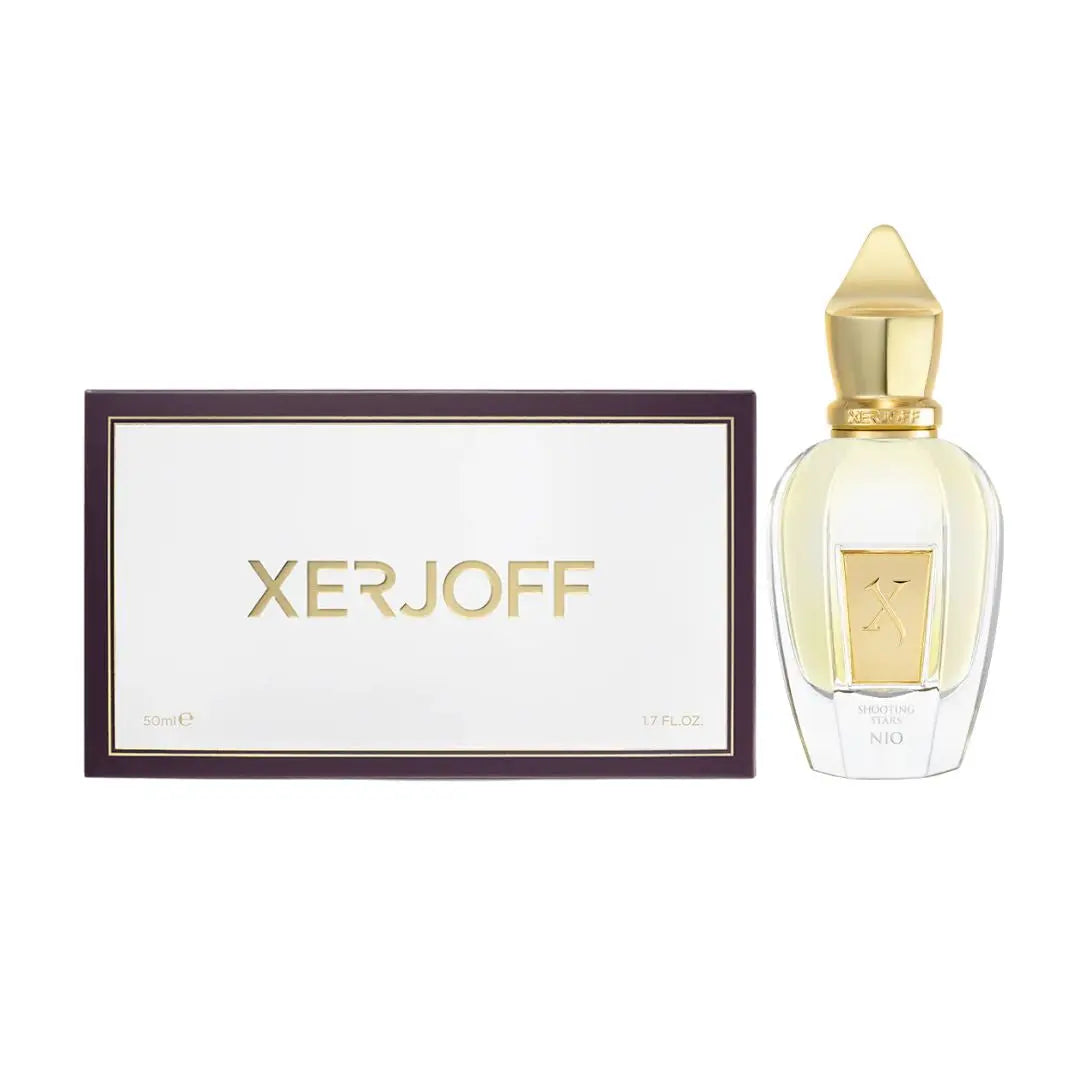 Xerjoff Shooting Stars Nio 50ml Parfum , a luxurious bottle with a gold shooting star emblem, suggesting a fresh, green, and highly sophisticated unisex fragrance.