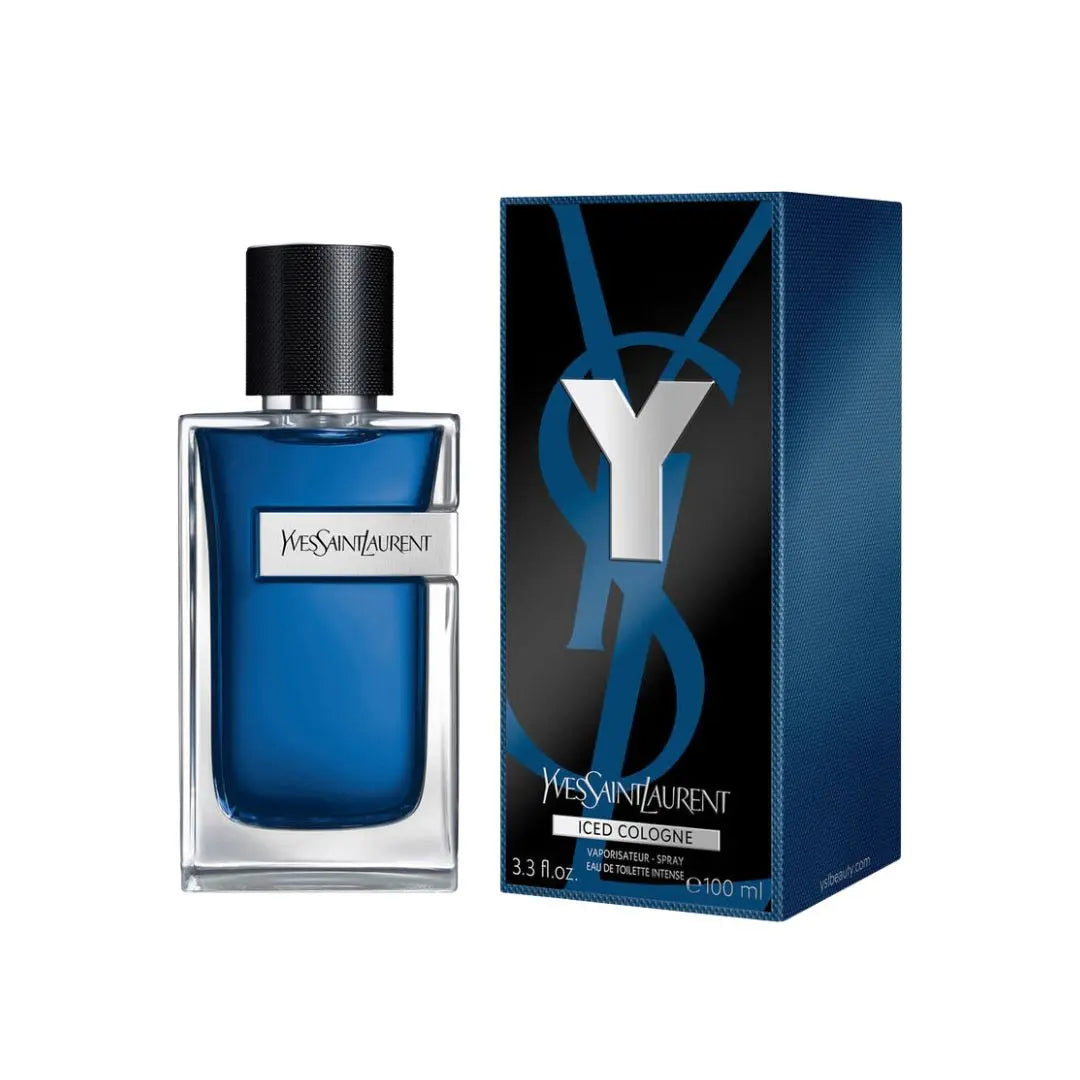 Yves Saint Laurent cologne Iced ECT intense 100ml bottle and packaging on a white background