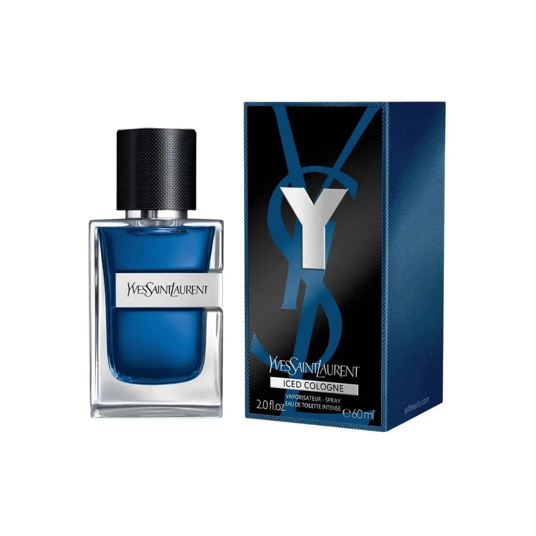 Yves Saint Laurent cologne Iced ECT intense 60ml bottle and packaging on a white background