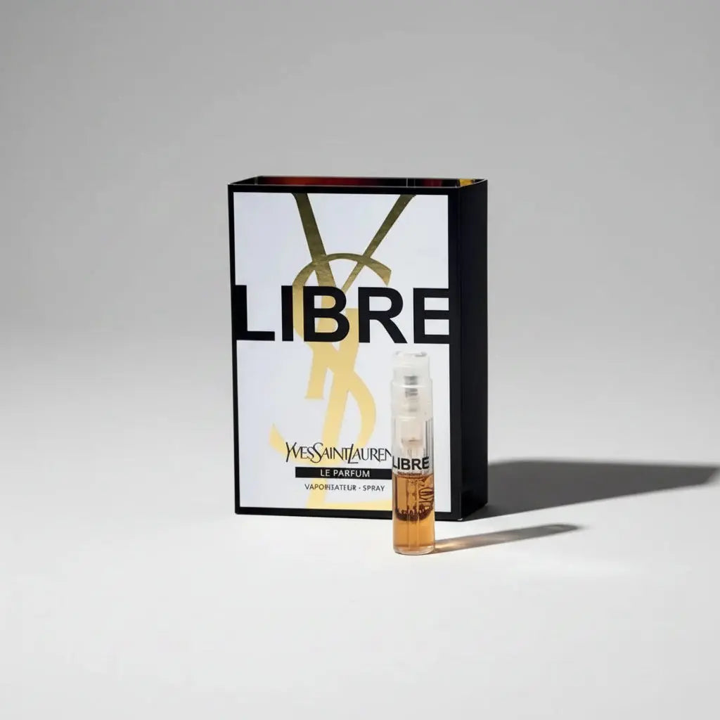 YSL Libre Le Parfum 1.2ml sample vial on carding, a warm, spicy, and floral designer fragrance for women.