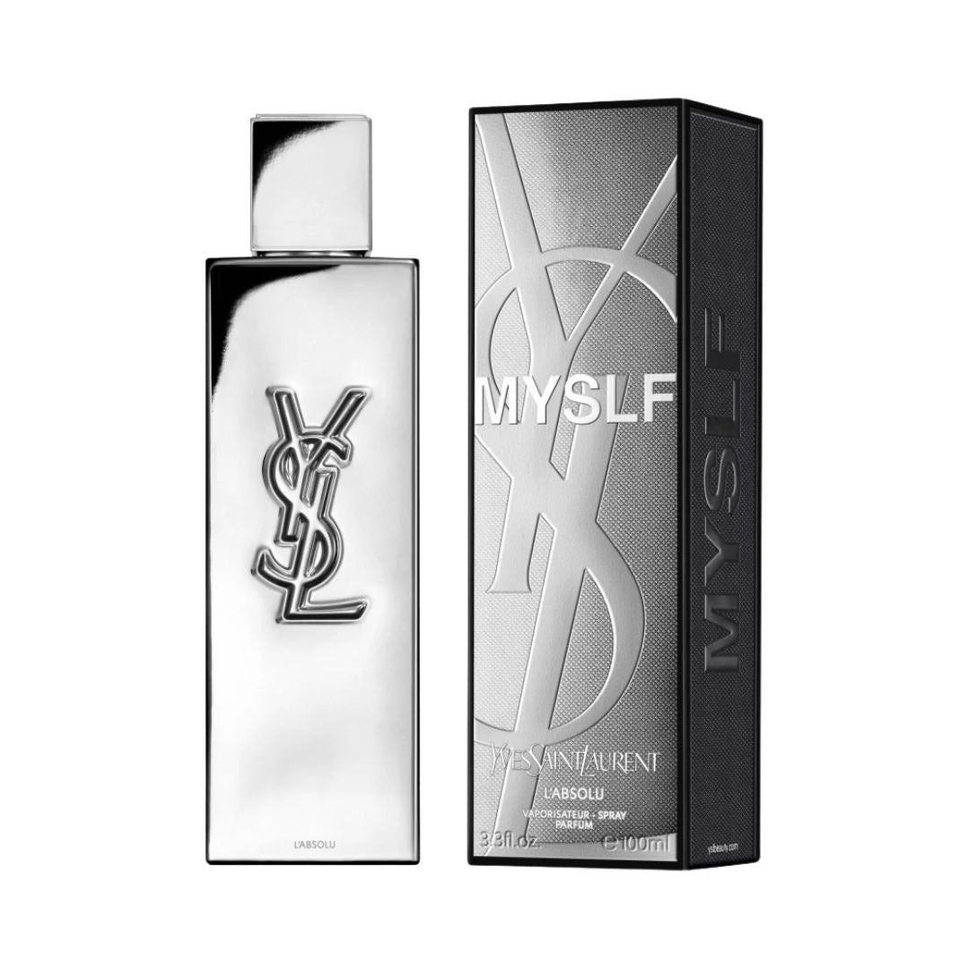 Yves Saint Laurent Myslf L'Absolu Parfum 100ml, a sleek, black bottle suggesting a bold, spicy, and absolute masculine fragrance