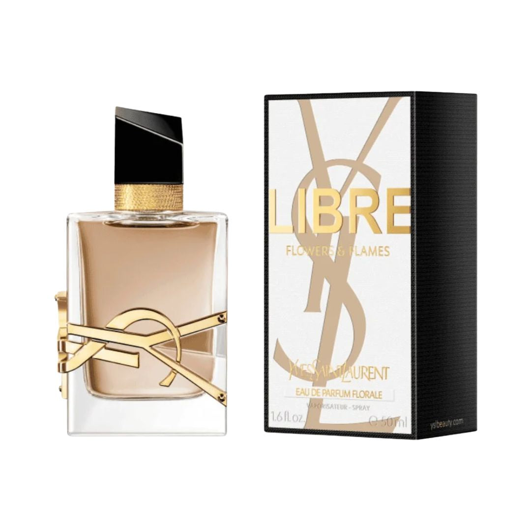 Yves Saint Laurent Libre Flower & Flames EDP 50ml, an elegant bottle with a warm amber liquid, suggesting a bold, floral, and vanilla feminine fragrance.