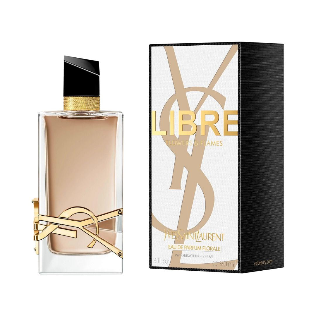 Yves Saint Laurent Libre Flower & Flames EDP 90ml, an elegant bottle with a warm amber liquid, suggesting a bold, floral, and vanilla feminine fragrance.