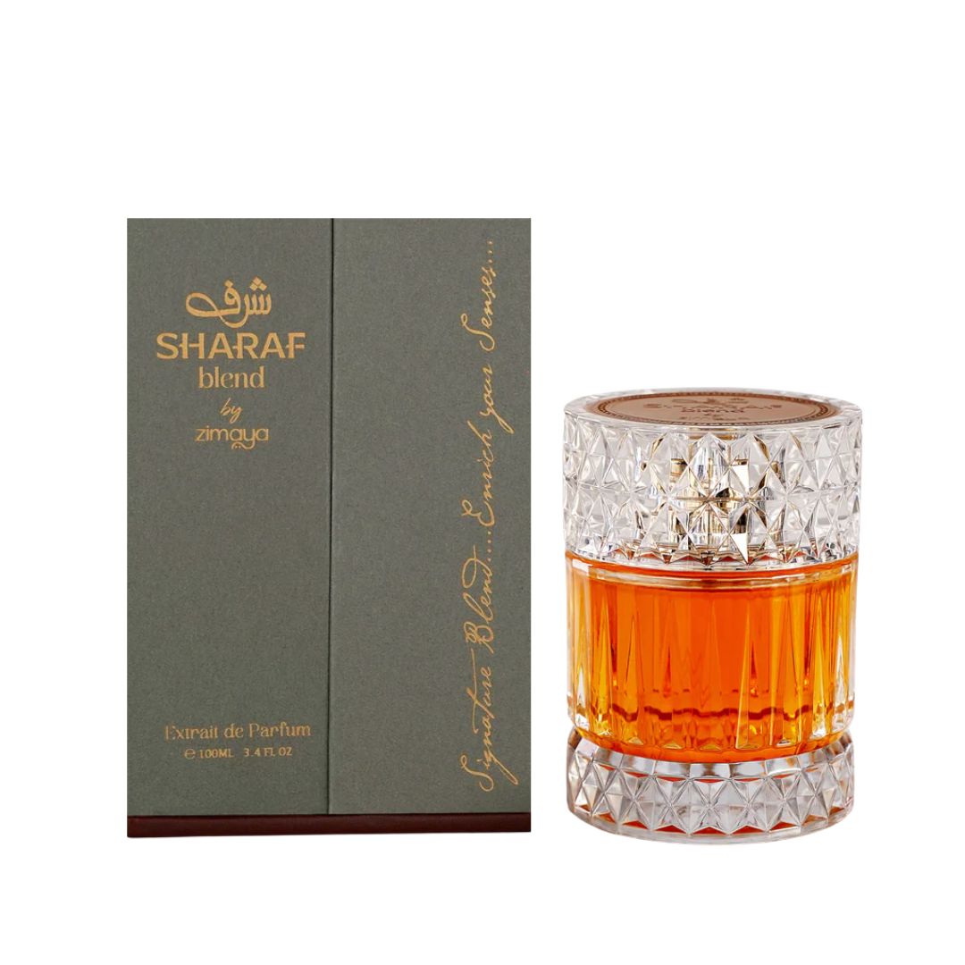 Zimaya Sharaf Blend 100ml Extrait de Parfum, a luxurious, dark bottle suggesting a rich, spicy, gourmand, and long-lasting unisex fragrance in NZ