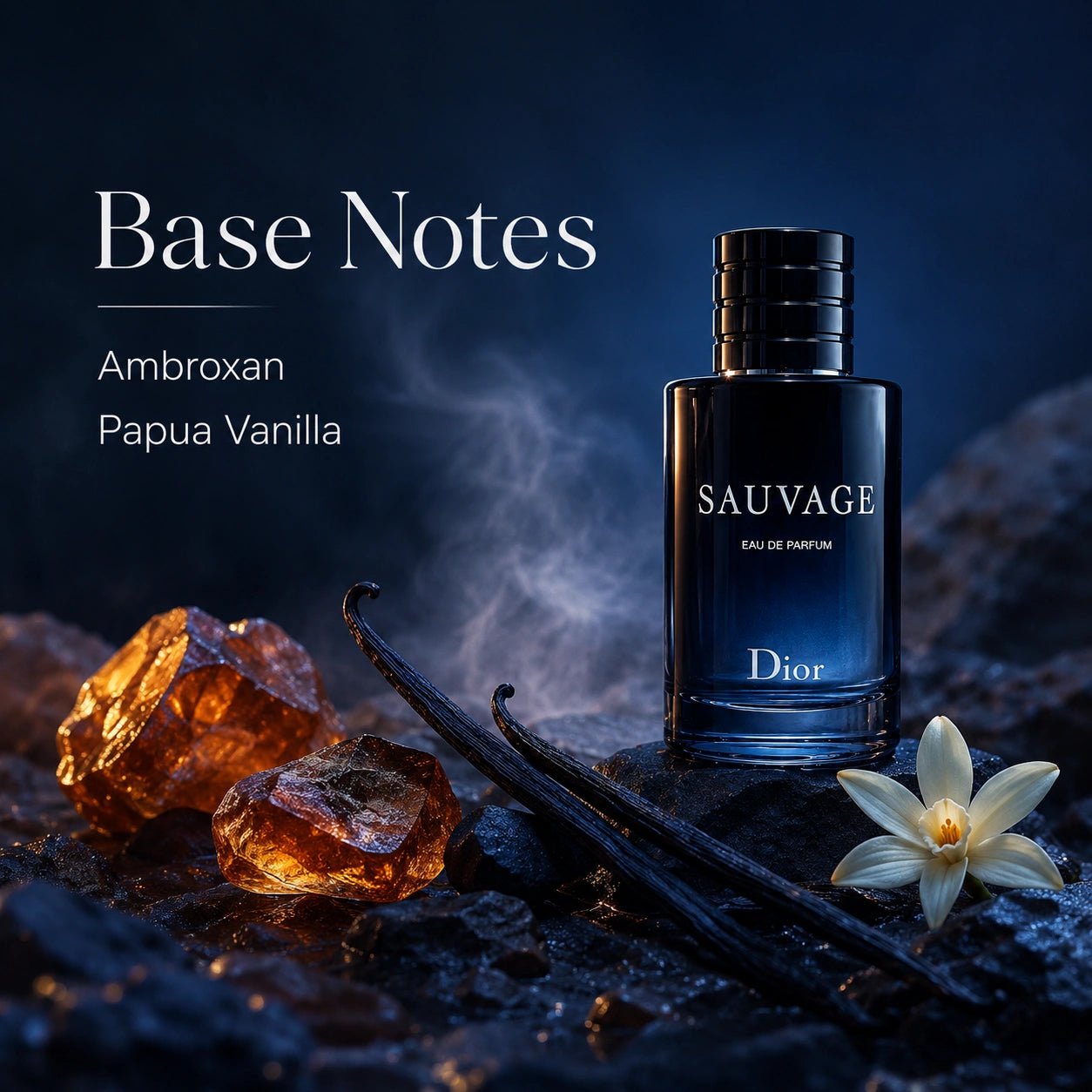 Christian Dior Sauvage base notes image with ambroxan and Papua vanilla at Gadgets Online NZ