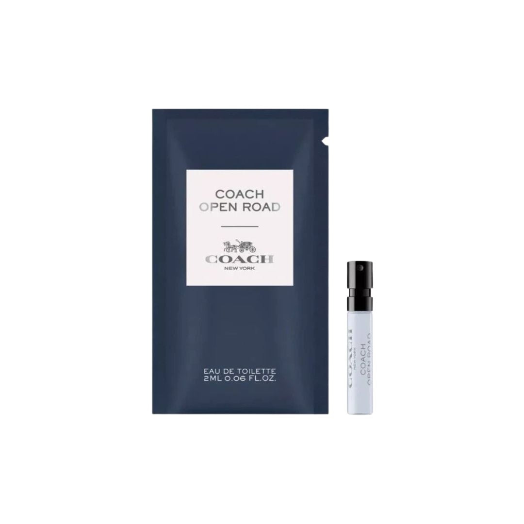 Coach Open Road EDT 2ml sample vial on carding, a fresh woody-aromatic fragrance for men.