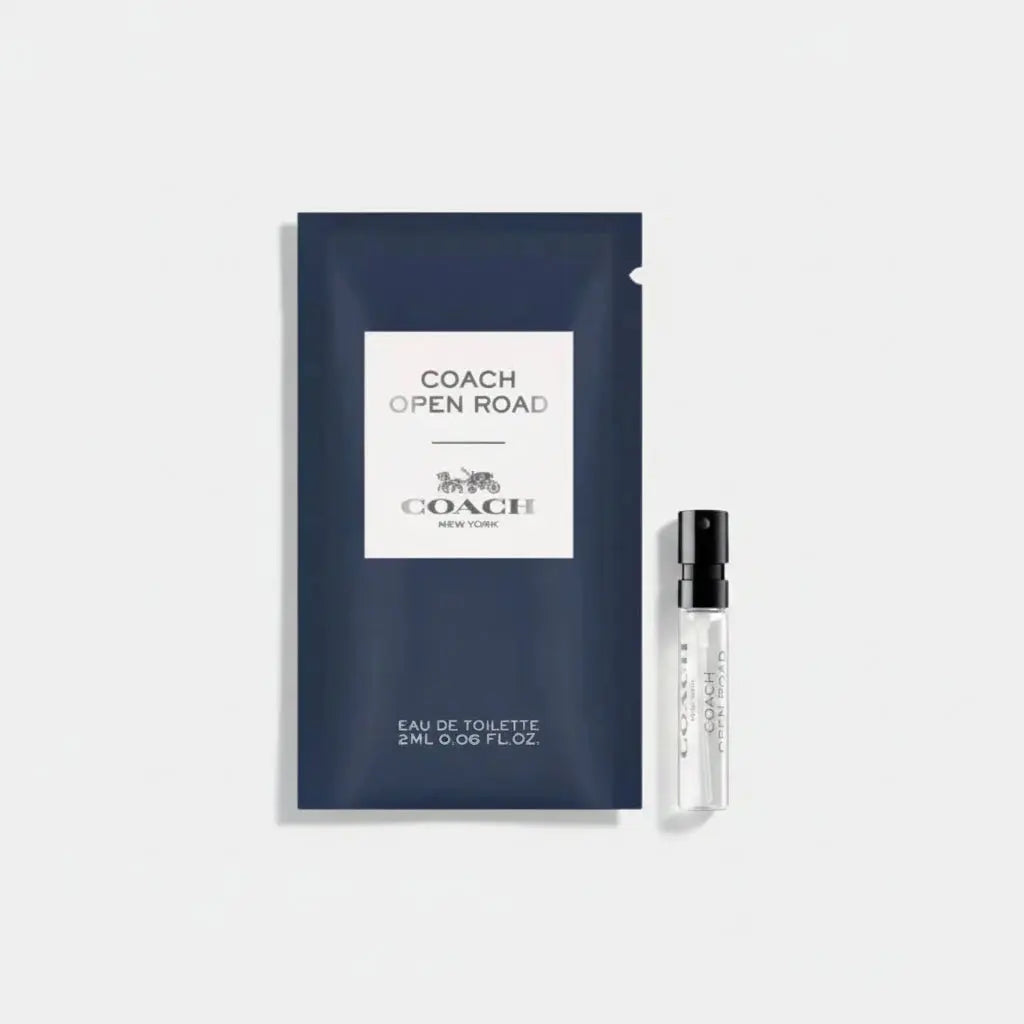 Coach Open Road EDT 2ml sample vial on carding, a fresh woody-aromatic fragrance for men.
