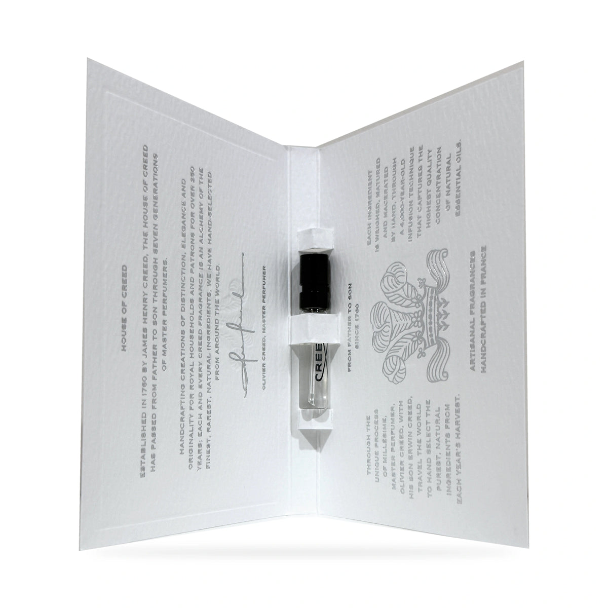 Creed Green Irish Tweed sample spray vial inside its open branded card