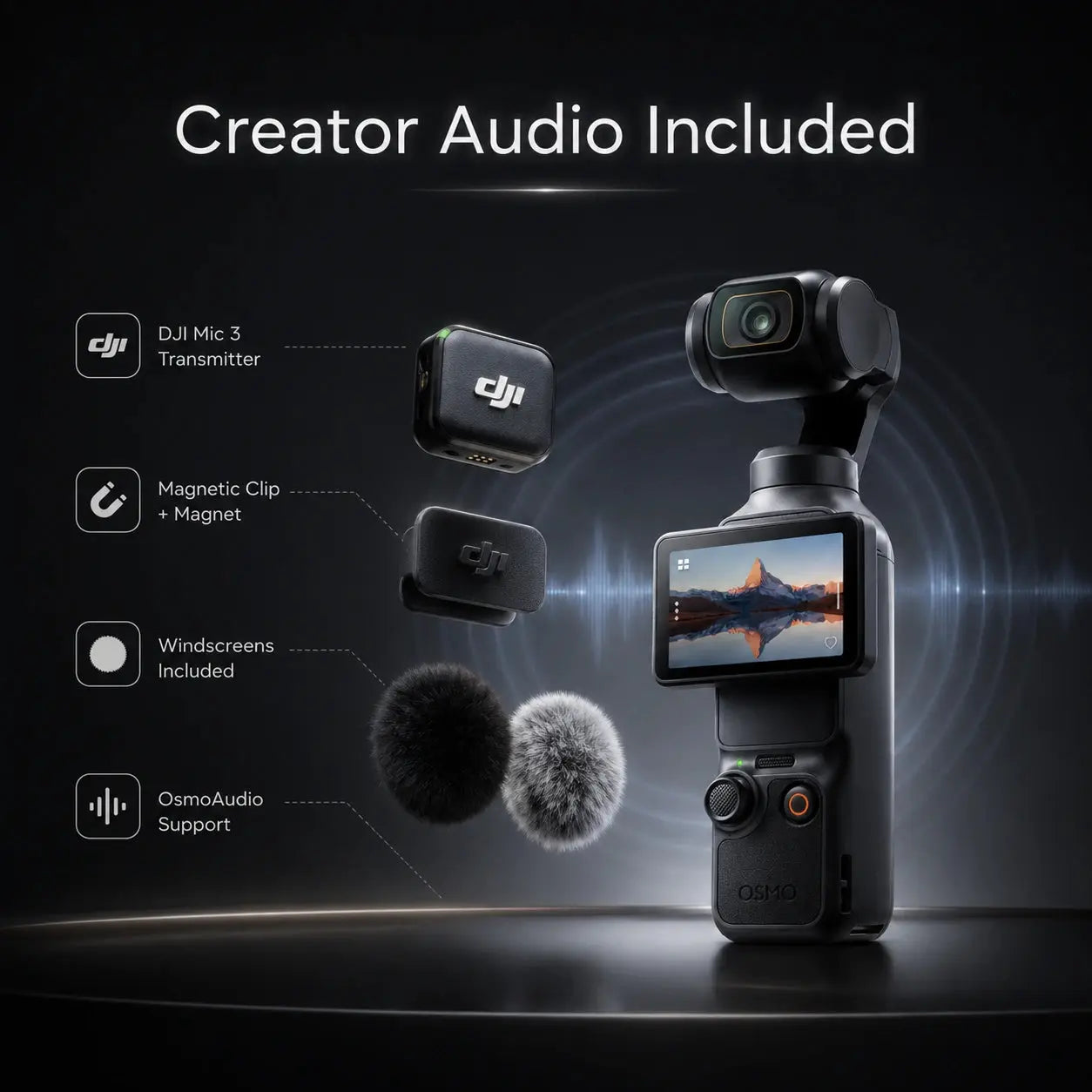 DJI Osmo Pocket camera with accessories on a dark background
