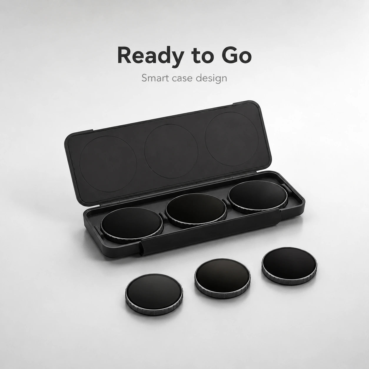 Black smart case design with four circular components on a light gray background
