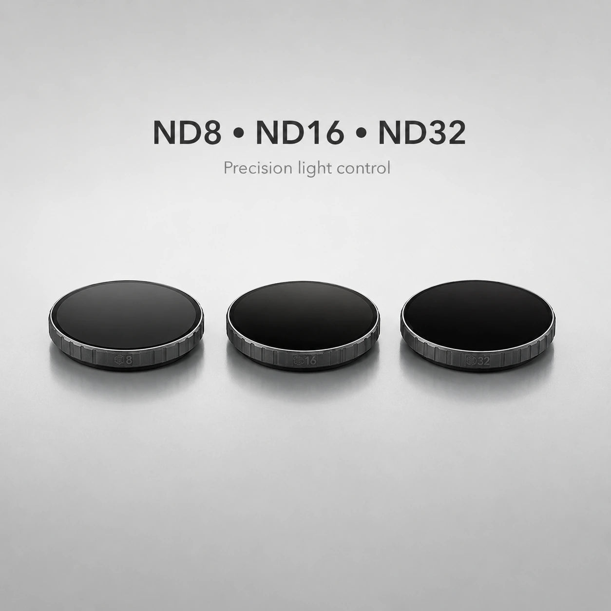 Three camera lens filters labeled ND8, ND16, and ND32 on a gray background.