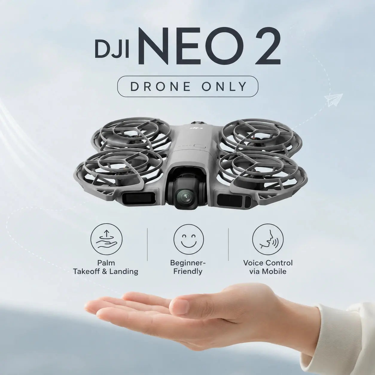 DJI NEO 2 drone on a light blue background with a hand holding it.