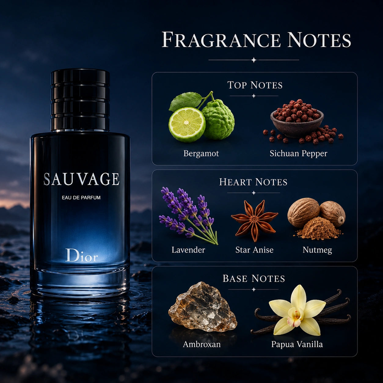 Christian Dior Sauvage fragrance notes infographic with bergamot, pepper, lavender, nutmeg, ambroxan and vanilla at Gadgets Online NZ