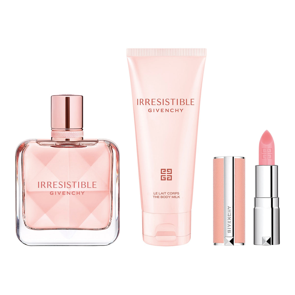 Irresistible perfume, body milk and pink Rose Perfecto lip balm — set contents