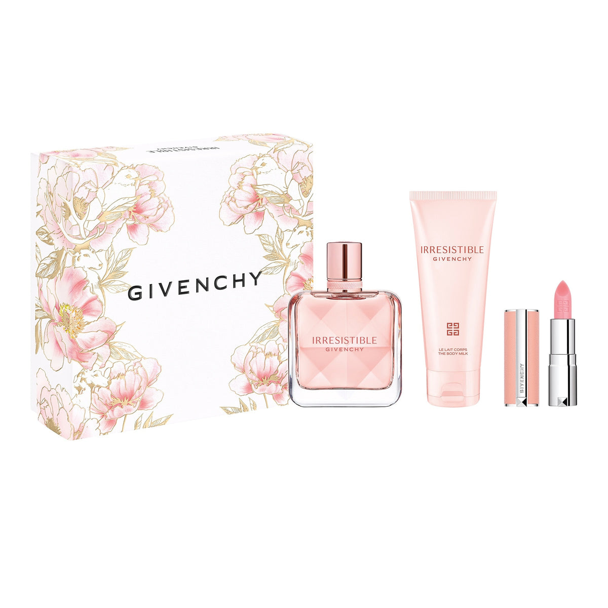 Givenchy Irresistible gift set with 50ml EDP, 75ml body milk, mini lip balm and closed floral box
