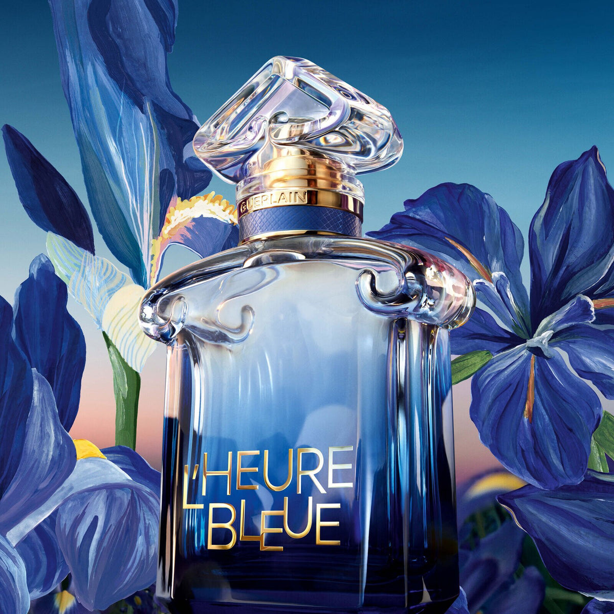 Guerlain L'Heure Bleue bottle detail with iris flowers