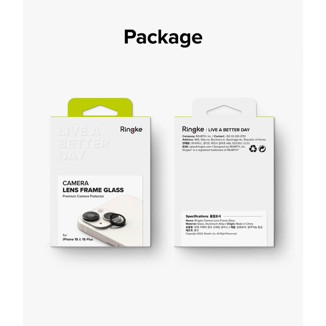 Ringke retail Package with camera lens frame glass for iPhone 15 and iPhone 15 Plus