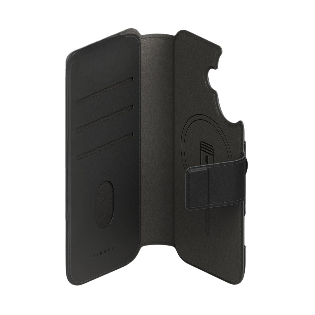 iPhone 17 Black phone case with card slots and a stand feature on a white background