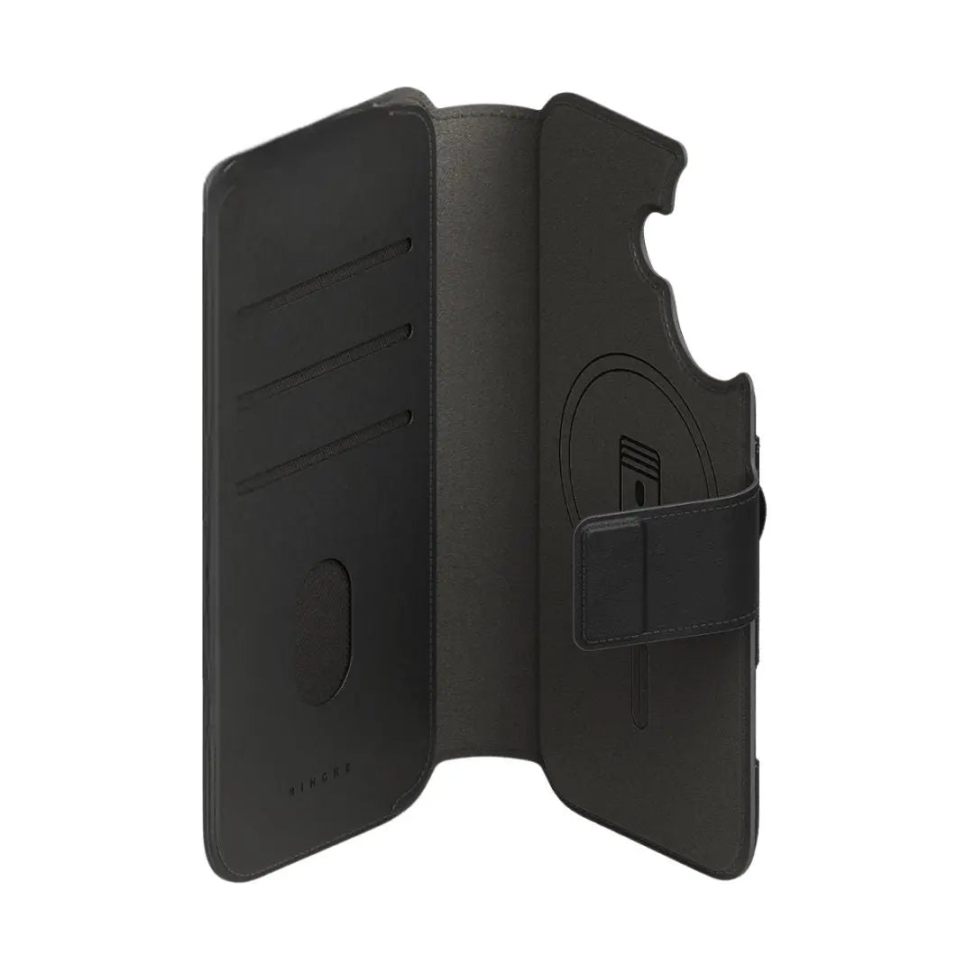 iPhone 17 Black phone case with card slots and a stand feature on a white background