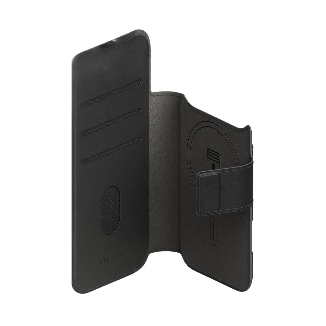 iPhone 17 pro max Black phone case with card slots and a stand feature on a white background