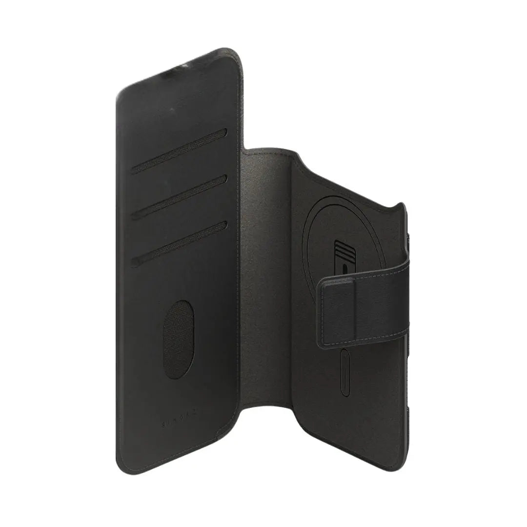 iPhone 17 pro max Black phone case with card slots and a stand feature on a white background