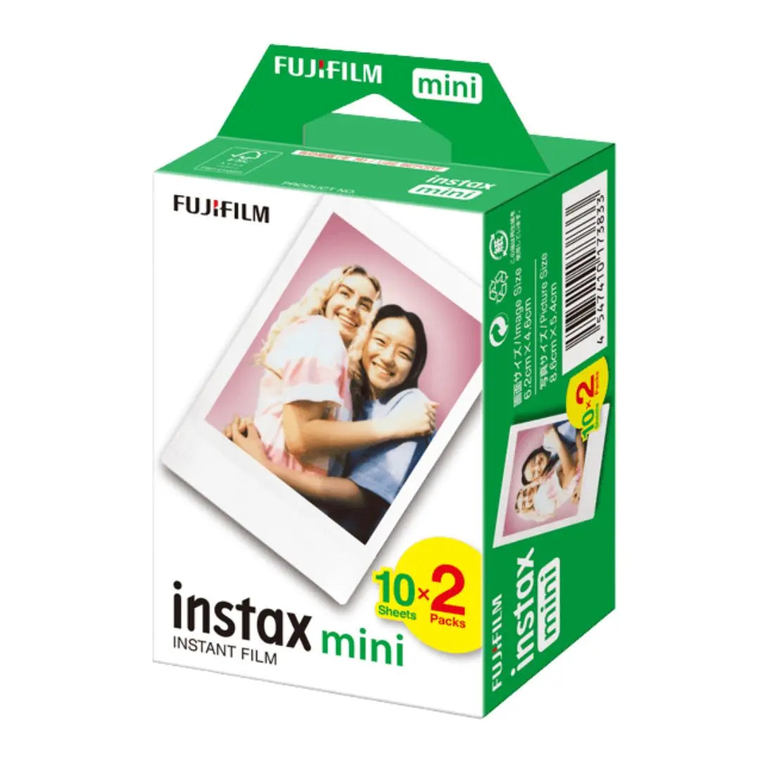 Packaging of Fujifilm Instax Mini instant film 20 pack with a photo of a couple on a white background
