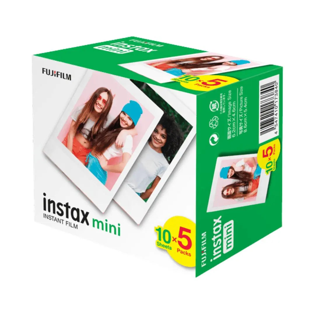 Fujifilm Instax Mini instant film 50 pack packaging with photos on a white background