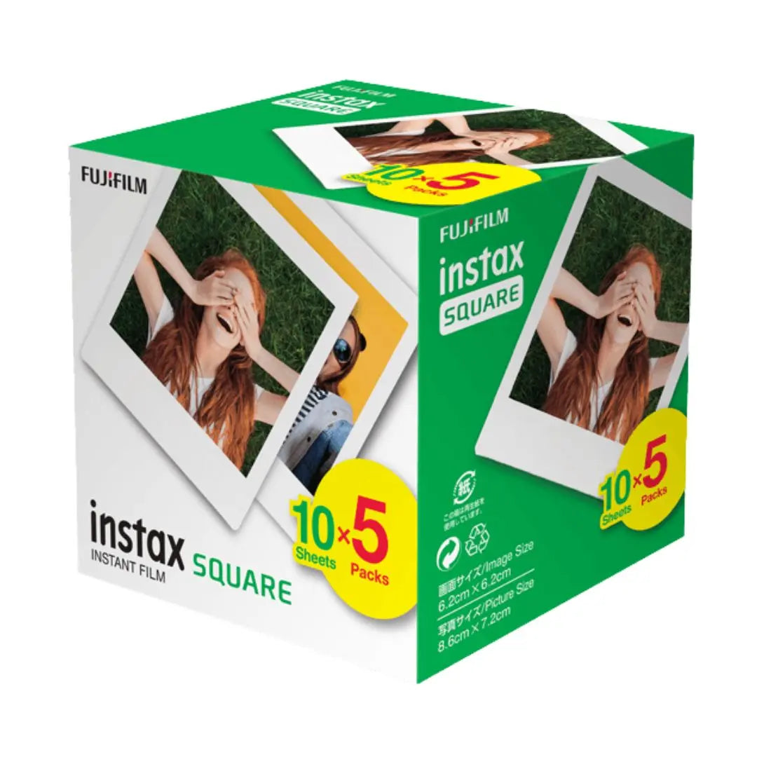 Fujifilm Instax Square instant film 50 pack packaging with green and white design.
