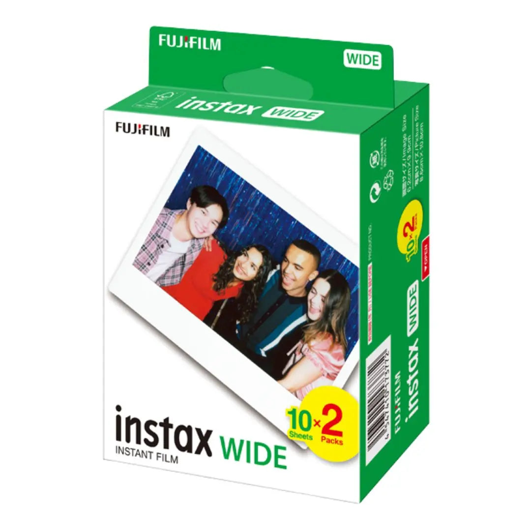 Fujifilm Instax Wide instant film 20 pack packaging with a photo of four people on a white background