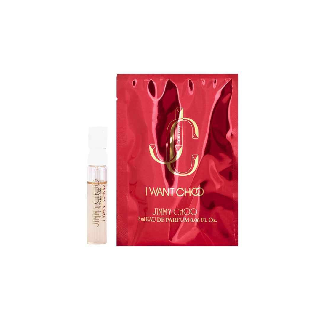 Jimmy Choo I Want Choo EDP 2ml sample vial, a sparkling peach and red lily fragrance for women.