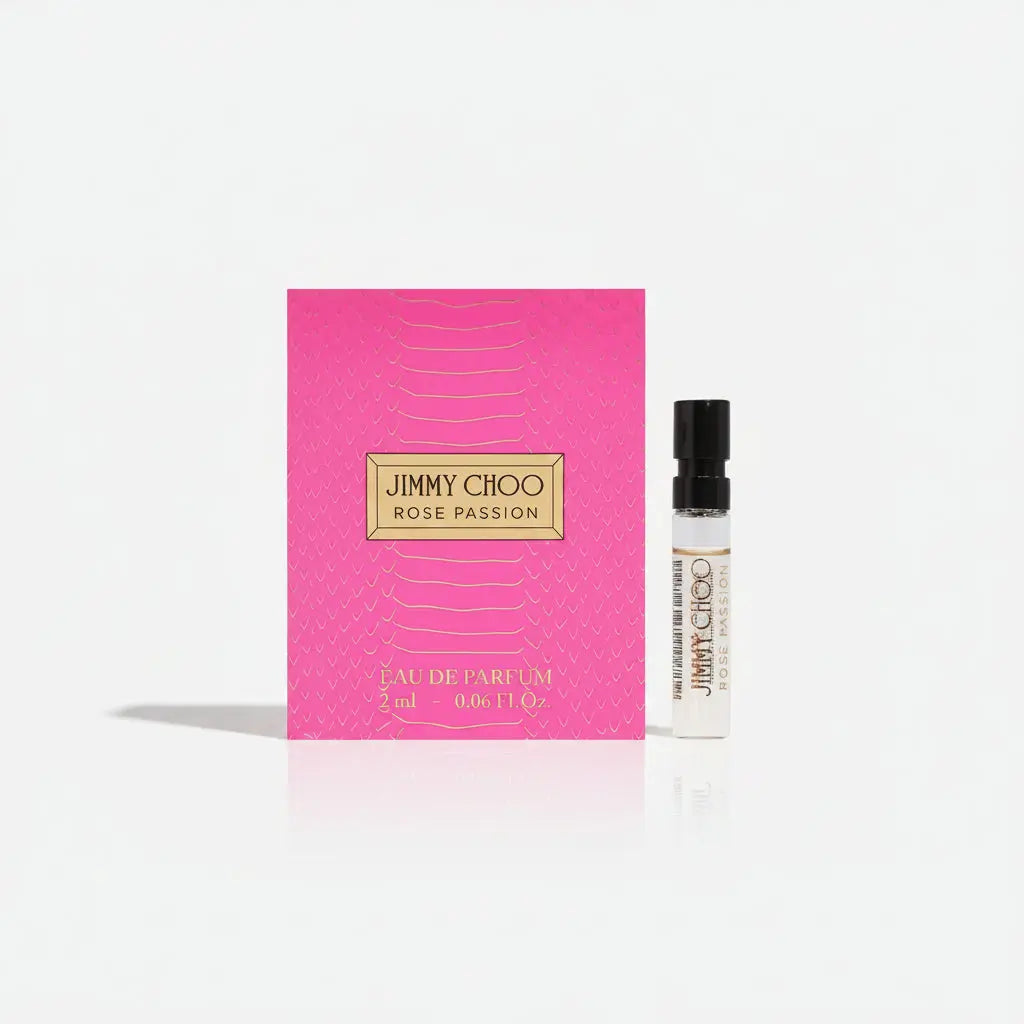 Jimmy Choo Rose Passion EDP 2ml sample vial on carding, featuring a solar floral scent with coconut milk and orchid.